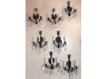 Lot Of 7 Black Wrought Iron Electrified Wall Sconces Featuring Elegant Clear Hanging Crystals