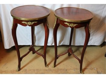 Quality Vintage Reproduction Companion French Style Brass Rimmed Tables With Inlay & Brass Ormolu