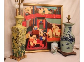 Asian Inspired Items Includes Print In Gold Frame, Lamps & Small Cherry Blossom Vase