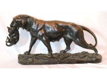 Fabulous Bronze Of Lioness Carrying Cub After Antoine Barye On Long Natural Ground Base With Floral Highlights