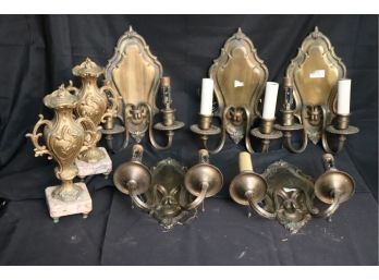 Lot Of 5 Brass Dual Candlestick Wall Sconces With Decorative Urns On Marble Base