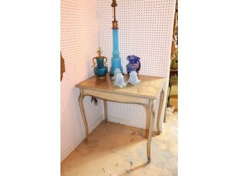 Art Deco Style Side Table With Murano Glass Shades, Blue Opaline Glass Lamp & Porcelain Lamp