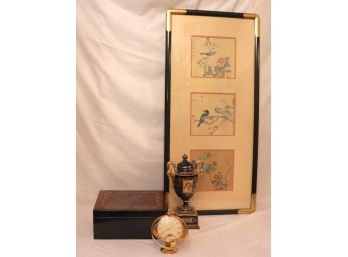 Japanese Woodblock Triptych, Burlwood Humidor, Jean Roulet Swiss Clock & Hand Painted Urn
