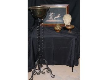 Mixed Lot Includes Wrought Iron Plant Stand, Antique Angel Print, Male Bust & Glass Vases