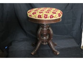 Victorian Stool With 4 Carved Legs And Floral Upholstered Seat
