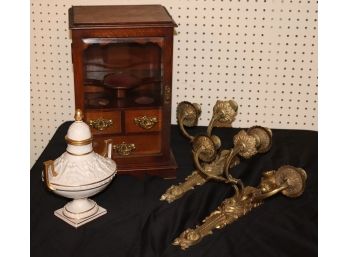 Small Interesting Glass Display Case With Gilded Metal Sconces & Capodimonte Covered Urn