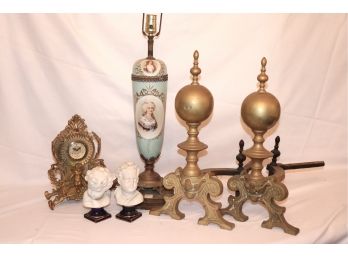 Decorative Lot Includes Heavy Brass Andirons, Brass Clock, Hand Painted Lamp & Bisque Figurines