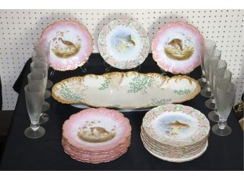 Lot Of Hand Painted Limoge Bird & Fish Plates, T.V France Dish And Champagne Flutes