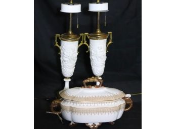 Vintage White Bisque Urn Shaped Lamps With Cavorting Cherubs & Royal Worcester Tureen