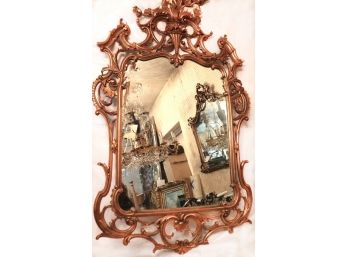 Large Elaborate Gold Wood Mirror With Open Scroll Work Design And Floral Detail
