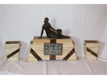 Signed Vintage Art Deco Clock Garniture Set Featuring Onyx & Marble With Female Figurine And Side Vases