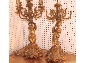 Pair Of Heavy Antique Bronze Cherub Lamps, Use Your Creativity To Create A Pair Of Charming Figurines