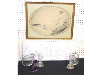 Vintage Signed Art Deco Greyhound Print 'Commence' With Etched Vases And Perfume Bottles