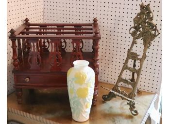 Antique English Mahogany Magazine Stand, Hand Painted Floral Phoenix Glass Vase And Metal Easel