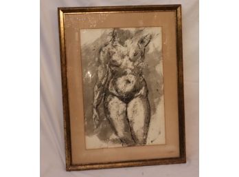 Framed Nude WaterColor And Charcoal Drawing Signed By Burdock