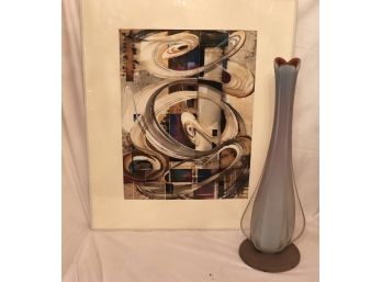 'Castle Keep' Artwork By Stan Jorgensen WaterColor With MCM Murano Glass Vase