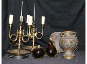 Lot Includes Pair Of Bugle Shaped Brass Table Lamps, Champleve Vase & Japanese Tray