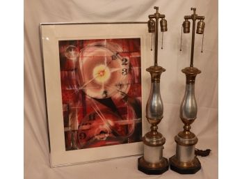 'Parallels Of Time' Artwork By Stan Jorgensen WaterColor With Pair Of Modernist Lamps