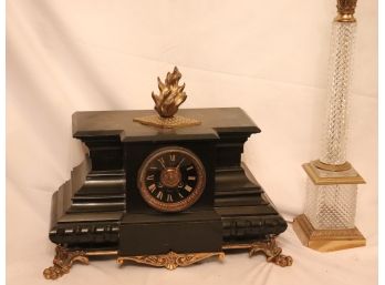 Victorian Onyx Mantle Clock With Flame Embellishment & Faceted Crystal Column Lamp