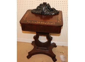 Diminutive Antique Table With Inlaid Design And Pair Of Painted Sleeping Nude Wall Brackets