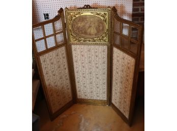 Charming Antique 3 Panel Screen With Beveled Glass, Floral Silk Panels & Romantic Print