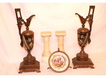 Pair Of Aesthetic Movement Metal Ewers, Marble Table Top Columns & Stamped Sevres Dish France