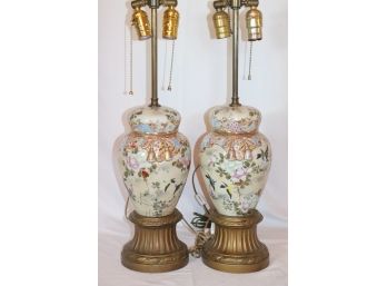 Pair Of Beautiful Vintage Ca.1930's Hand Painted Japanese Ginger Jar Urn Lamps