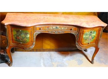 French Style Hand Painted Vanity With Carved Marble Top Features Painting On Drawers