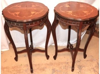 Pair Of Inlaid Side Tables With Intricate Floral Detail On Top