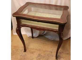 Lovely Antique Style Mahogany Glass Top Display Table With Ormolu Detail And Brass Banding