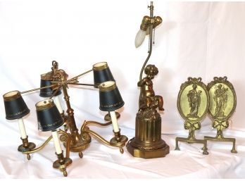 Vintage Brass Items Includes Neoclassical Style Brass Chandelier, Cherub Lamp And Petite Andirons