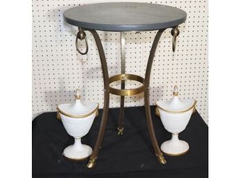 Vintage Metal Gueridon Side Table With Slate Top With Fluted Italian Urns