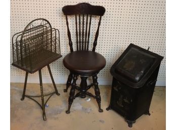 Vintage Lot Includes Swivel Back Piano Stool, Painted Metal Coal Bucket & Brass Magazine Stand