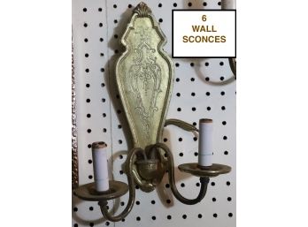 Set Of 6 Gilded Brass Wall Sconces With Engraved Shield & Candlestick Arms