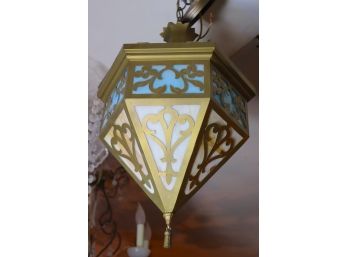 Pretty Slag Glass And Pierced Metal Pendant Chandelier With Nice Blue & Tan Glass