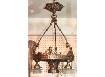 Intricate Bronze Art Nouveau Chandelier With Twisted Rope Detail & 3 Frosted Glass Shades