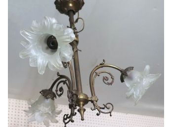 Diminutive Art Nouveau Chandelier With 3 Floral Frosted Glass Shades