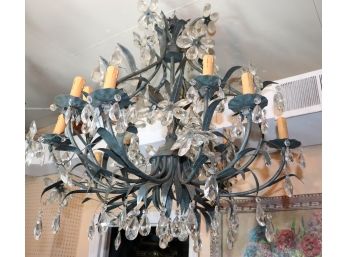 Elegant & Contemporary Feeling Crystal Chandelier With Green Patina Paint Finish And Crystal Flowers