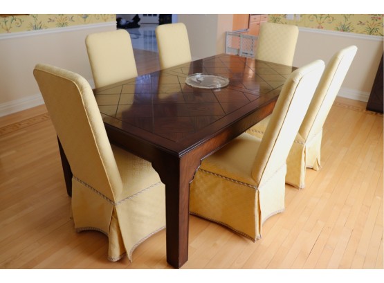 Vintage Quality Henredon Oak Parquet Dining Table With 2 Leaves & 6 High Back Upholstered Dining Chairs