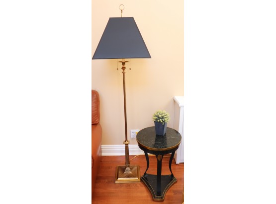Ornate Fluted Brass Floor Lamp With Gold Foiled Interior Black Shade & Occasional Side Table With Faux Gre