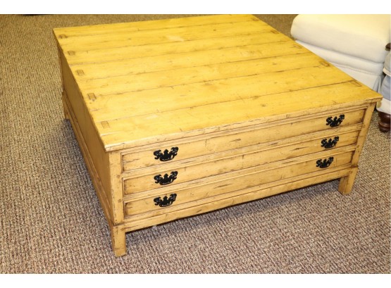 Large Country Style Distressed Flat File Inspired Coffee Table