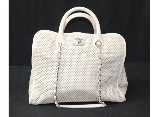 Authentic Chanel Deauville Small Tote Bag In Pierced Cream Leather