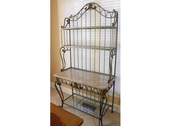 Vintage Style Metal Bakers Rack With Gunmetal & Gold Finish With Faux Granite Top & Glass Shelves
