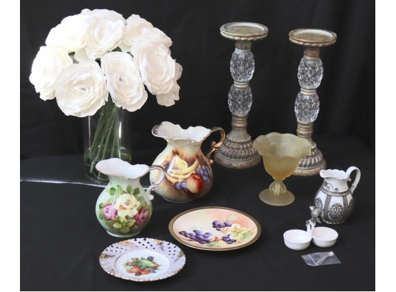 Eclectic Lot Of Decorative Tabletop Accessories  Hand Painted Porcelain, Faux Rose Arrangement & More!
