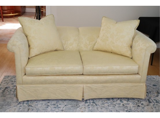 Vintage Custom Tight Back Roll Arm Loveseat With Pale Yellow Woven Brocade Upholstery