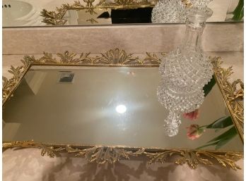 Brass Finish Ornate Decorative Metal & Mirrored Vanity Tray With Crystal Decanter