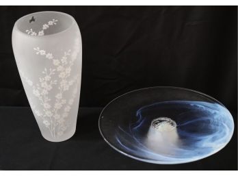 Etched Frosted Lenox Glass Vase & Kosta Boda Footed Plate