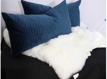 Pair Of Blue Velvet Oblong Throw Pillows & Off White Tahari Faux Fur Throw