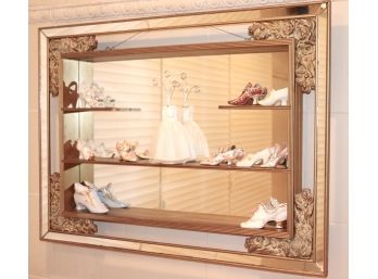 Vintage Gilded Mirrored Back Shelved Shadow Box With 10 Vintage Hand Painted Porcelain Shoes