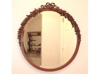 Carved Ribbon & Rosebud 32 Inch Dia Decorative Gilded Beveled Wall Mirror